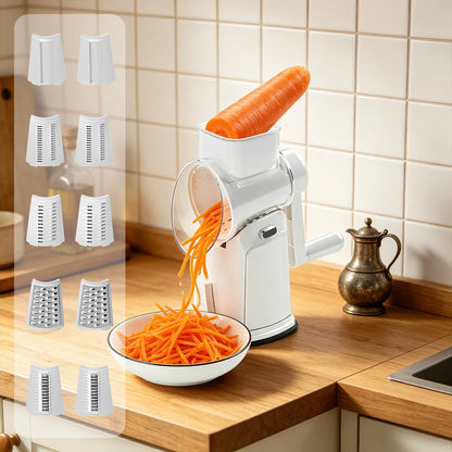 Cheese Grater with Rotary Hand Crank, Vegetable Chopper with Replaceable Stainless Blades, Strong Suction Base, Easy-Clean Multipurpose Kitchen Slicer