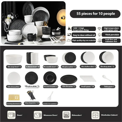 Tableware Set Black And White Rock Slab 8/16/34/55pcs Ceramics Dish Sets Full Set Luxury Dinnerware Set For 2/4/6/8/10 Persons