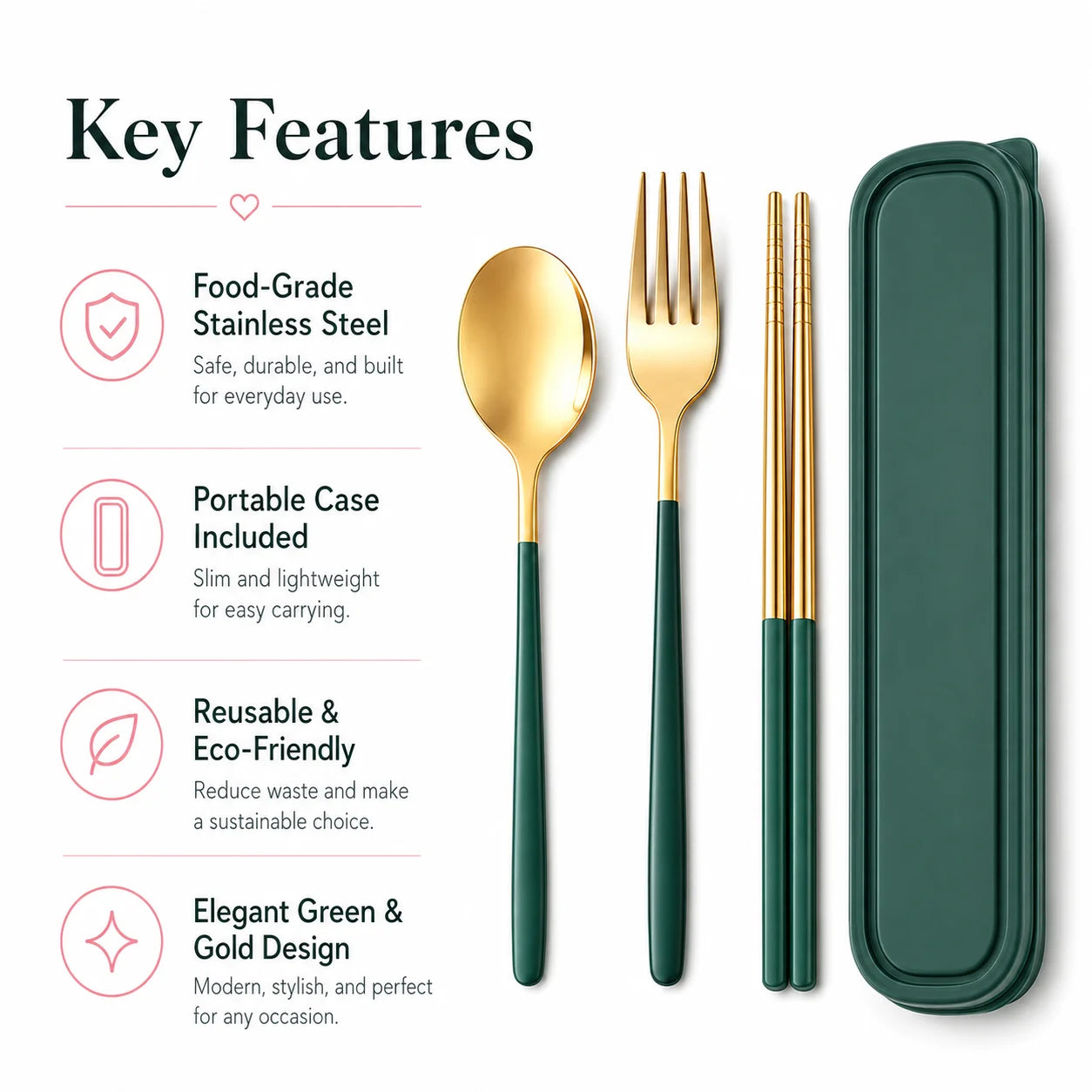 3PCS Portable Stainless Steel Cutlery Set with Case, Green Gold Reusable Spoon Fork Chopsticks Travel Tableware Set for Office School Camping Picnic