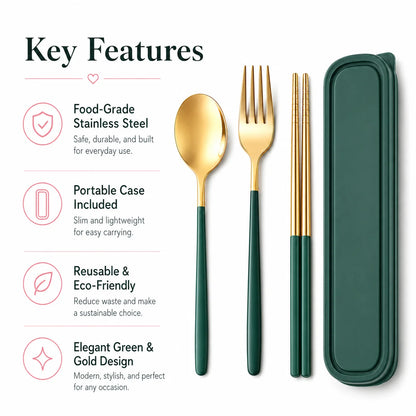 3PCS Portable Stainless Steel Cutlery Set with Case, Green Gold Reusable Spoon Fork Chopsticks Travel Tableware Set for Office School Camping Picnic