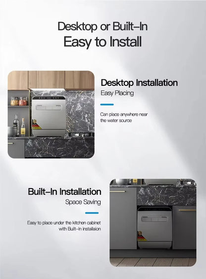 Deshi Countertop Automatic Dishwasher Model Q8 1000W Large Capacity 8 Place Settings Dual Top-and-bottom Spray Arms Smart