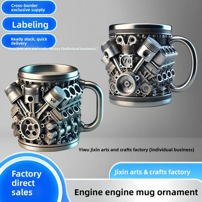 V8 Engine Coffee Mug, V6 Resin 3D Metal Cup, Creative Car Engine Model Decorative Mug