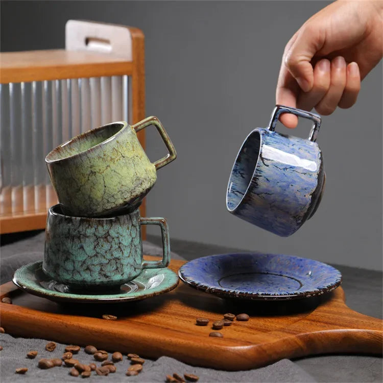 Traditional Arabic Coffee Cup and Dish Set Middle Eastern Style Kiln Transformed Coarse Ceramic Retro Handmade Mug