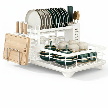 2-Tier Carbon Steel Dish Drying Rack for Kitchen Counter, Large Capacity Dish Drainer with 360° Swivel Spout, Rust-Proof Utensil & Cutting Board Holder