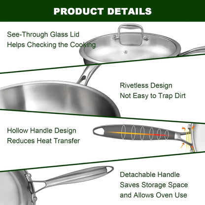12-Inch Stainless Steel Frying Pan with Lid, Induction-Ready, Oven & Dishwasher Safe for All Cooktops