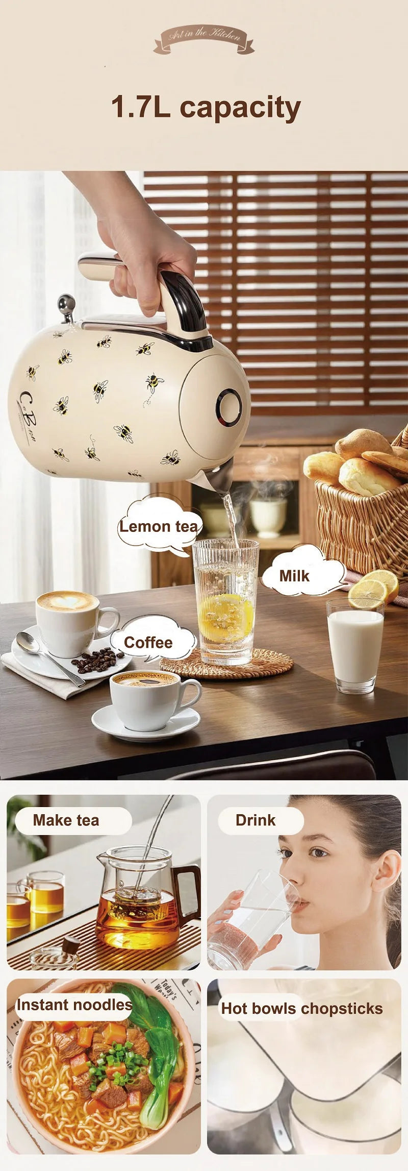 2200W Retro Print Electric Kettle Home 304 Stainless Steel Quick Boiling Kettle Auto Power Off Teapot Kitchen Tools 1.7L