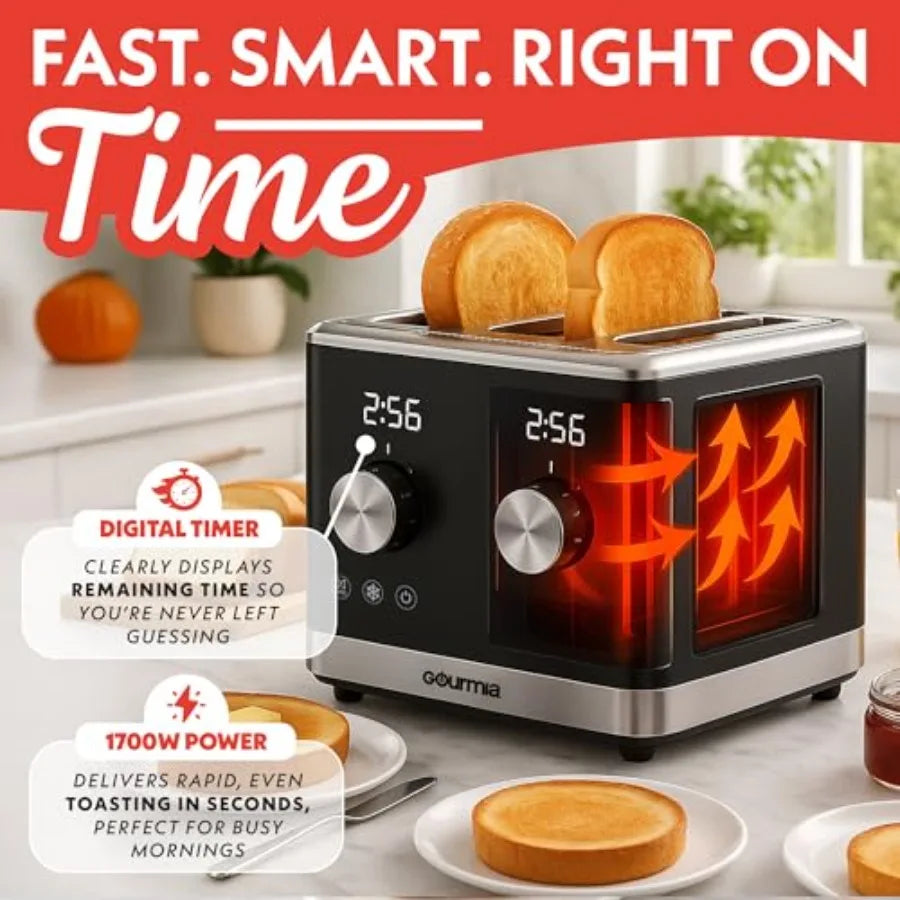 4-Slice Toaster with Dual Independent Controls for Bagel Defrost and Reheat 6 Browning Levels Extra Wide Slots Removable Crumb