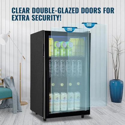 120-Can Glass Door Mini Fridge with LED Light for Beverages and Wine, Ideal for Home or Office