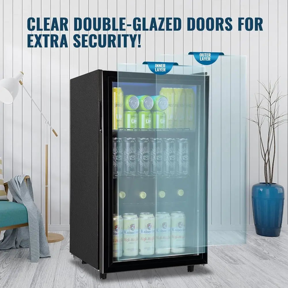 120-Can Glass Door Mini Fridge with LED Light for Beverages and Wine, Ideal for Home or Office