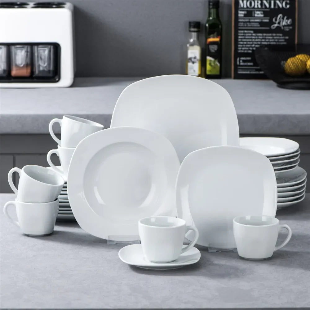 30Piece Porcelain Grey White Dinnerware Set,Serving Plates Dishes Set With Dinner Plates Soup Plates Dessert Plates Cups Saucers