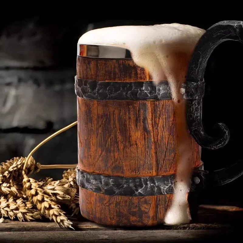 600ml Viking Wood Style Insulated Beer Mug Double Wall Metal Drinking Cup Simulation Wooden Barrel Design Gift