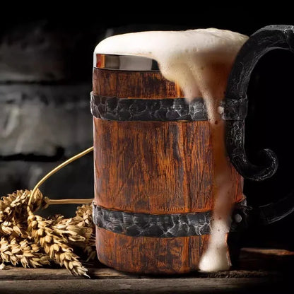 600ml Viking Wood Style Insulated Beer Mug Double Wall Metal Drinking Cup Simulation Wooden Barrel Design Gift