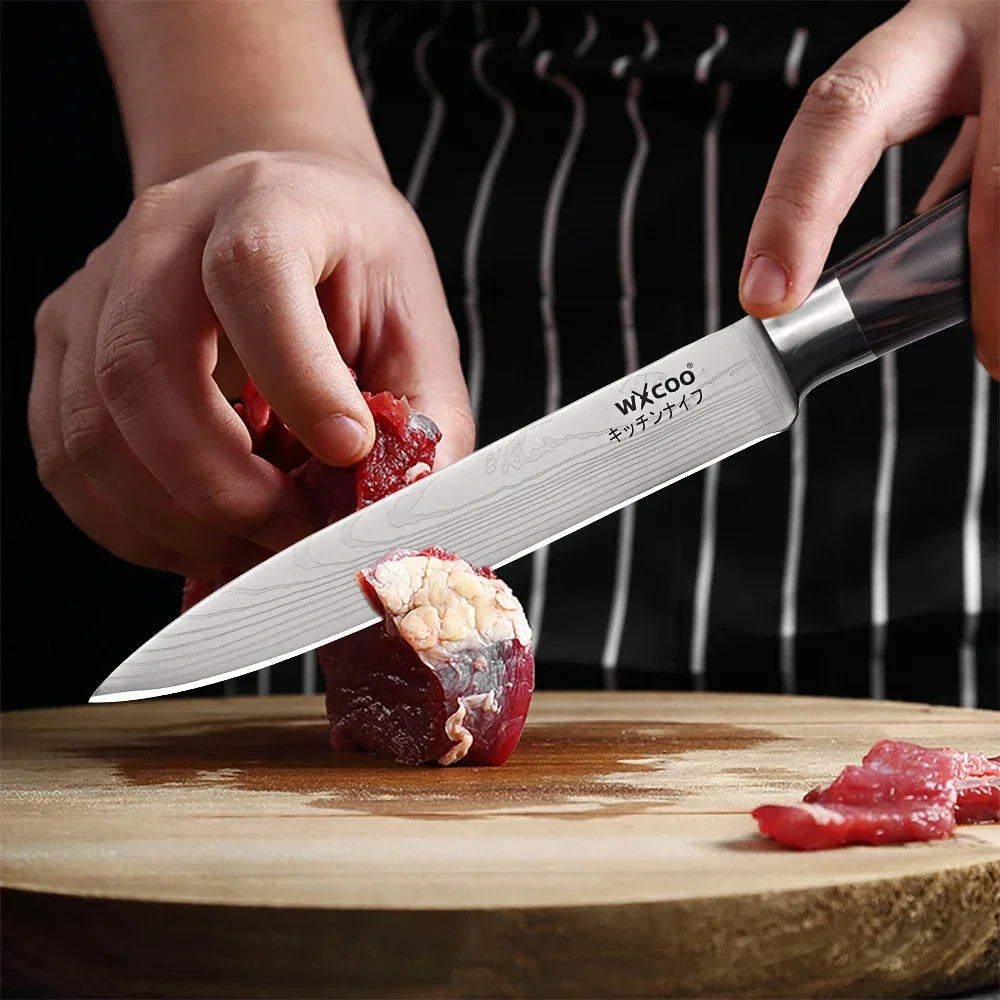 WXCOO Professional Chef Knife Damascus Japanese Stainless Steel Kitchen Boning Knives Set with Roll Canvas Bag