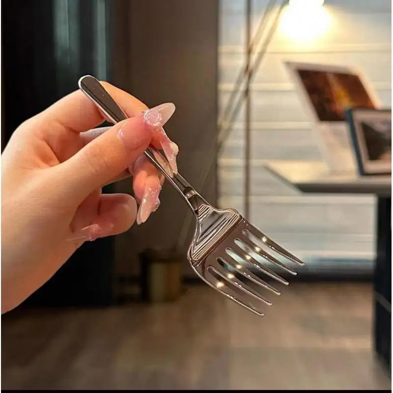 Creative Korean Single Handle Six-tooth Stainless Steel Dessert Fork Fruit Fork Portable 304 Stainless Steel Cake Fork