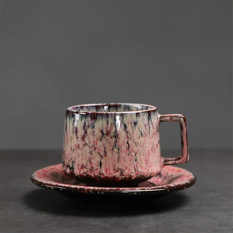 Traditional Arabic Coffee Cup and Dish Set Middle Eastern Style Kiln Transformed Coarse Ceramic Retro Handmade Mug