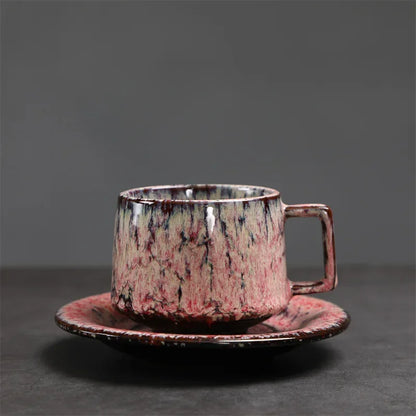 Traditional Arabic Coffee Cup and Dish Set Middle Eastern Style Kiln Transformed Coarse Ceramic Retro Handmade Mug