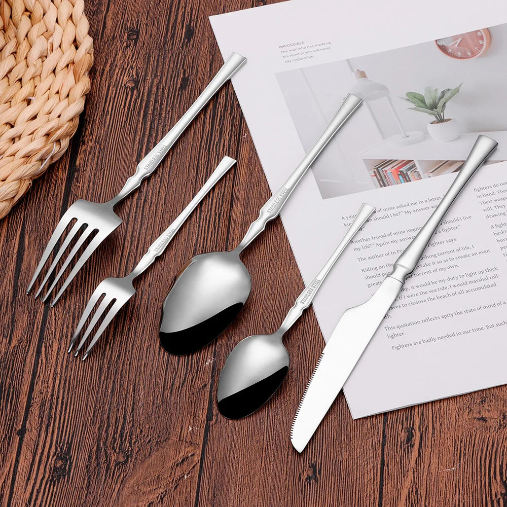 6/24/30Pcs Thin Cutlery Stainless Steel Sliver Tableware Western Dinner Set Solid Color Knife Fork Spoon Mirror Kitchen Utensils