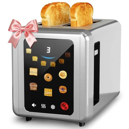 Full Touch Screen 2-Slice Stainless Steel Toaster with 1.5'' Wide Slot Digital Timer 6 Bread Types 6 Shade Settings Crumb