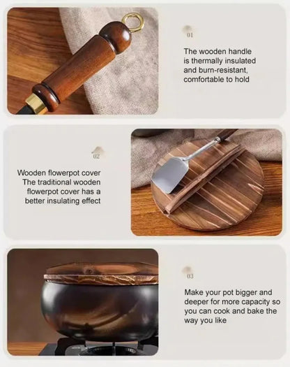 Healthy Hand Forging Cast Iron Pot NonStick Uncoated Frying Pan with Wooden Lid Chinese Wok Induction Cooker Gas