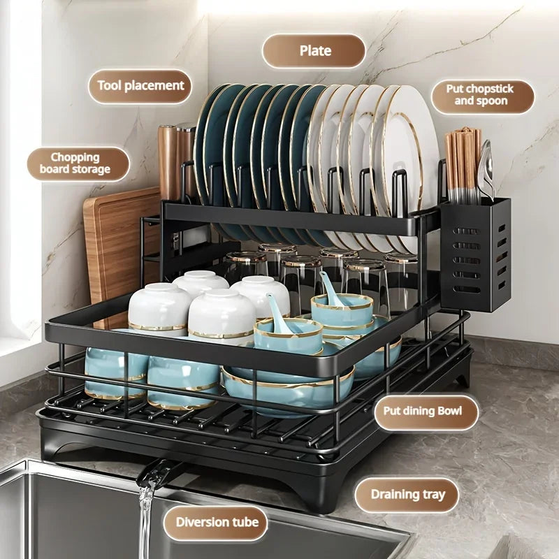 2-Tier Carbon Steel Dish Drying Rack for Kitchen Counter, Large Capacity Dish Drainer with 360° Swivel Spout, Rust-Proof Utensil & Cutting Board Holder