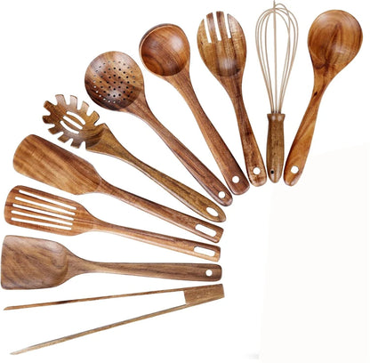 LMETJMA 10 Pack Natural Teak Wooden Kitchen Utensil Set Wooden Spoons Spatula Cooking Utensil Set For Cooking Baking JT503