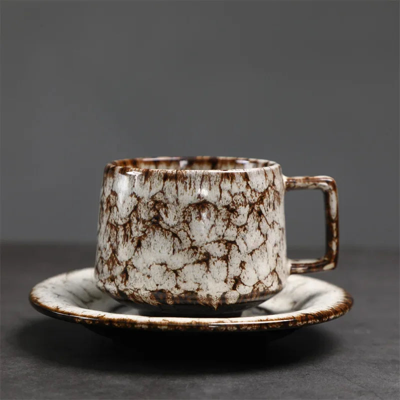 Traditional Arabic Coffee Cup and Dish Set Middle Eastern Style Kiln Transformed Coarse Ceramic Retro Handmade Mug