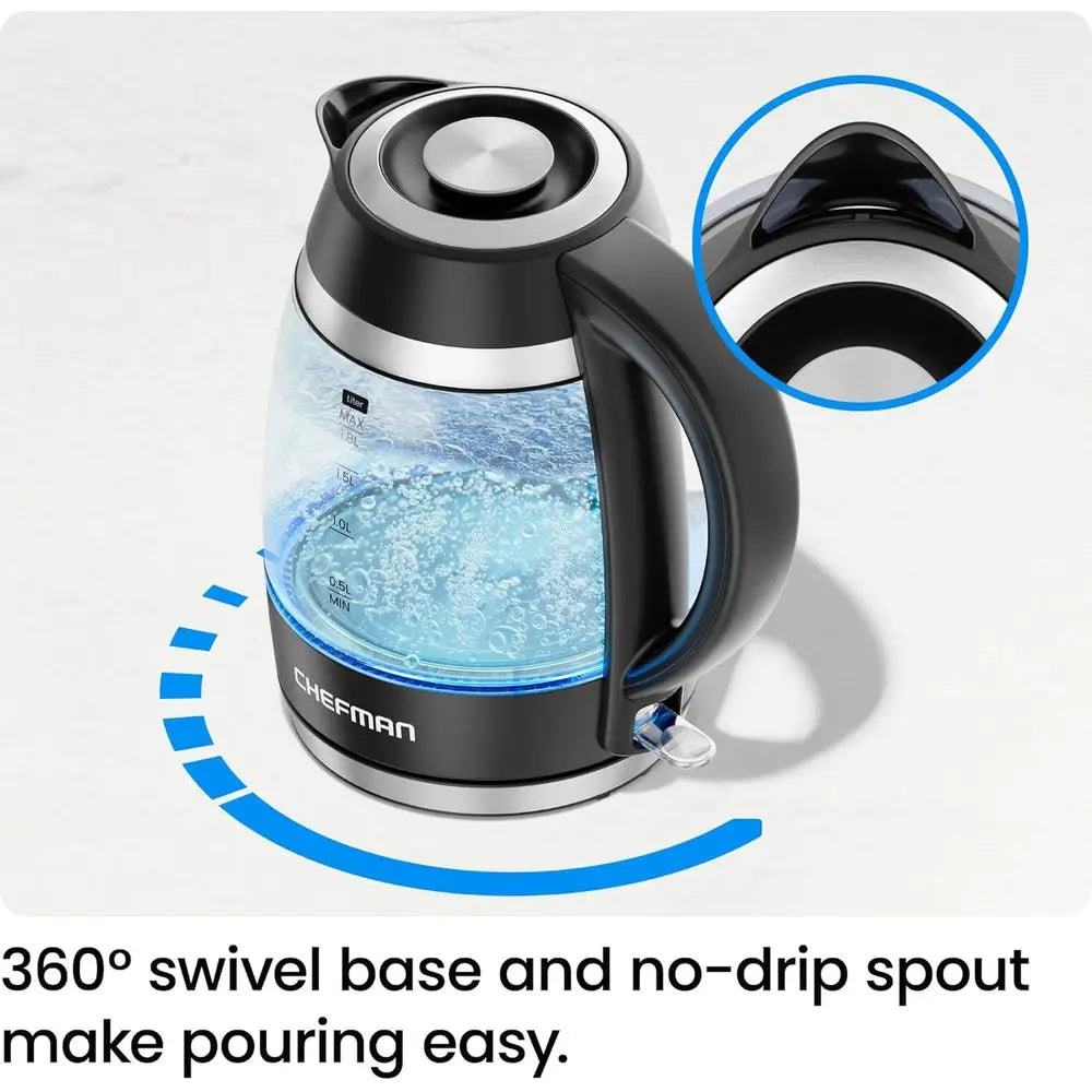 1.8L 1500W Stainless Steel Electric Kettle with Removable Lid, Auto-Off, Boil-Dry Protection, BPA-Free Filter, Borosilicate Glas
