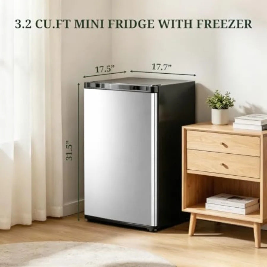 Mini fridge with freezer for bedroom, dorm, office, apartment: silver stainless steel, low noise energy efficient 0.41kWh/day,3
