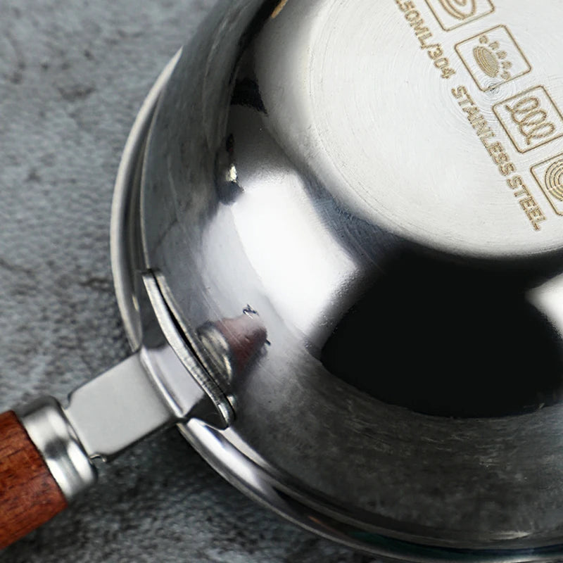 Mini Oil Pouring Pot with Wooden Handle 304 Stainless Steel Milk Pan Kitchen Butter Baking Measuring Pots for Household Cooking