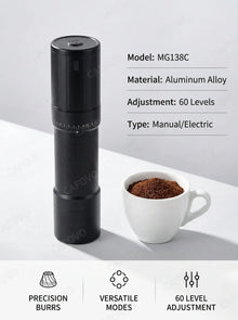 CAFOVO MG138C Coffee Grinder Electric & Manual Set 10-Star Titanium Plating Conical Burr 60-Step Precision for Espresso Travel
