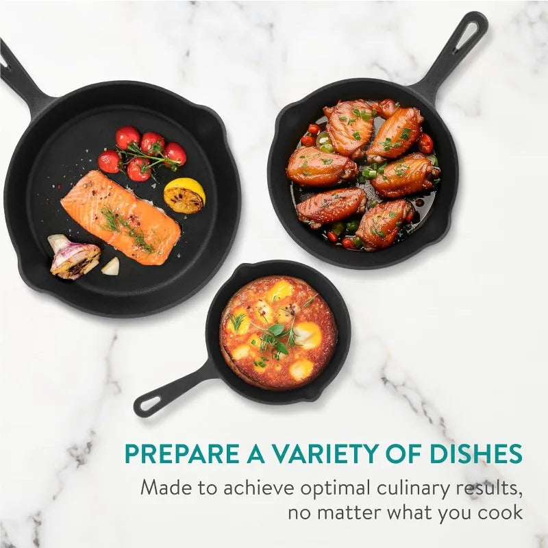 3pcs Cast Iron Skillet Set 5.9/7.8/9.8in Heavy Duty Frying Pans Nonstick Cookware Set for Frying Searing Baking Induction Ready