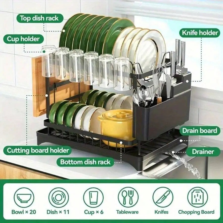 Dish Drying Rack,2-Tier Stainless Steel Dish Rack With Drainer Plate,Cup & Utensil Holder,Cutting Board Storage,Space-Saving Kitchen Organizer For Kitchen Counter & Sink,Mugs & Dinner Plates,Apartment Essentials,Kitchen Acces