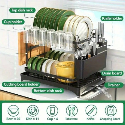 Dish Drying Rack,2-Tier Stainless Steel Dish Rack With Drainer Plate,Cup & Utensil Holder,Cutting Board Storage,Space-Saving Kitchen Organizer For Kitchen Counter & Sink,Mugs & Dinner Plates,Apartment Essentials,Kitchen Acces