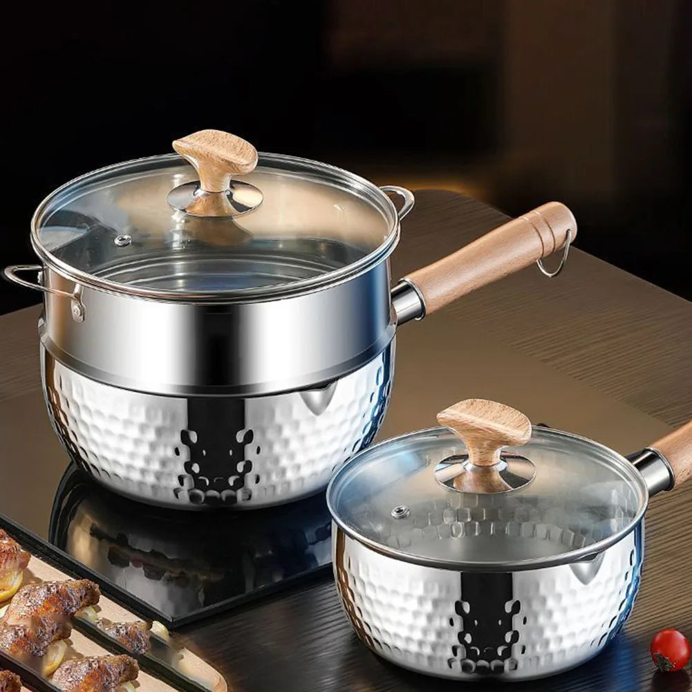 Stainless Steel Sauce Pan with Steamer Basket Glass Lid and Functional Design for Milk Heating Noodle Cooking and Steaming