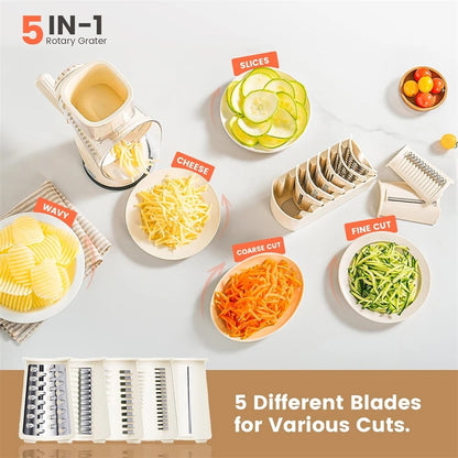 Rotary Cheese Grater Hand Crank 5 in 1 Replaceable Stainless Blades Cheese Shredder Kitchen Vegetable Shredder Slicer Chopper