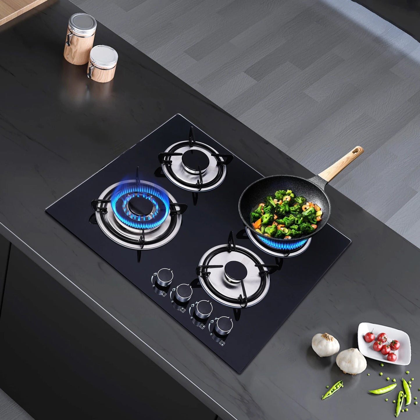 4 Burners LPG Gas Cooktop Black Tempered Glass Panel Cast Iron Stainless Steel Construction Polishing Process Built In Installation US Standard Plug 110V 2800Pa Working Pressure Four Multi Power Burners Household Commercial G