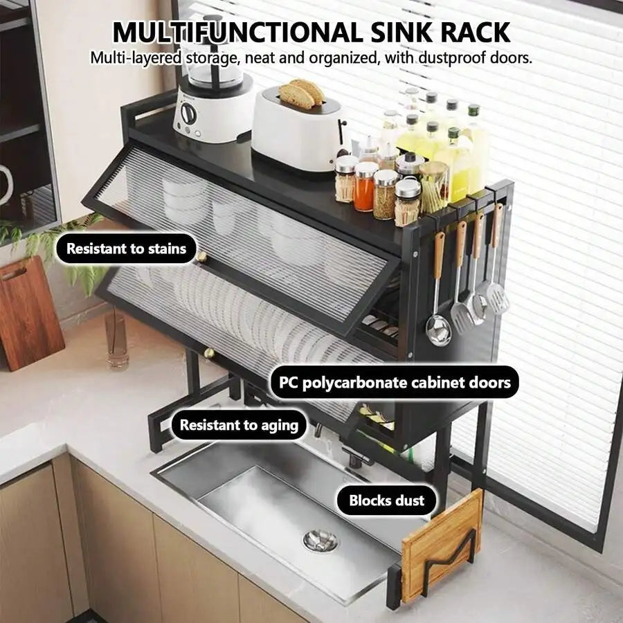 Over The Sink Dish Drying Rack,3 Tier Adjustable Length Full Stainless Steel Large Storage Kitchen Dish Rack,For Kitchen Counter Expandable Multifunctional Organizers