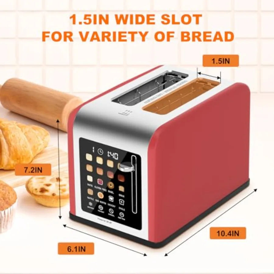 2 Slice Toaster with Touch Screen Stainless Steel Red Digital Timer 8 Shade Settings 6 Bread Types for Bagel Cancel Defrost