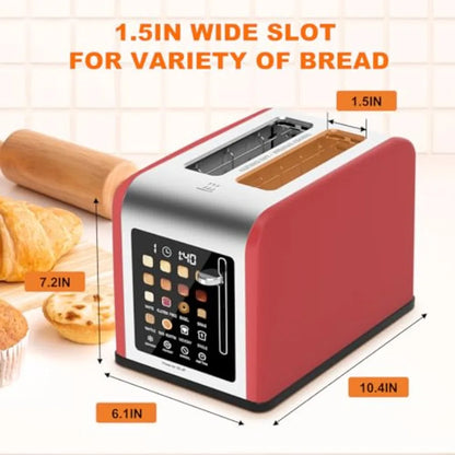 2 Slice Toaster with Touch Screen Stainless Steel Red Digital Timer 8 Shade Settings 6 Bread Types for Bagel Cancel Defrost