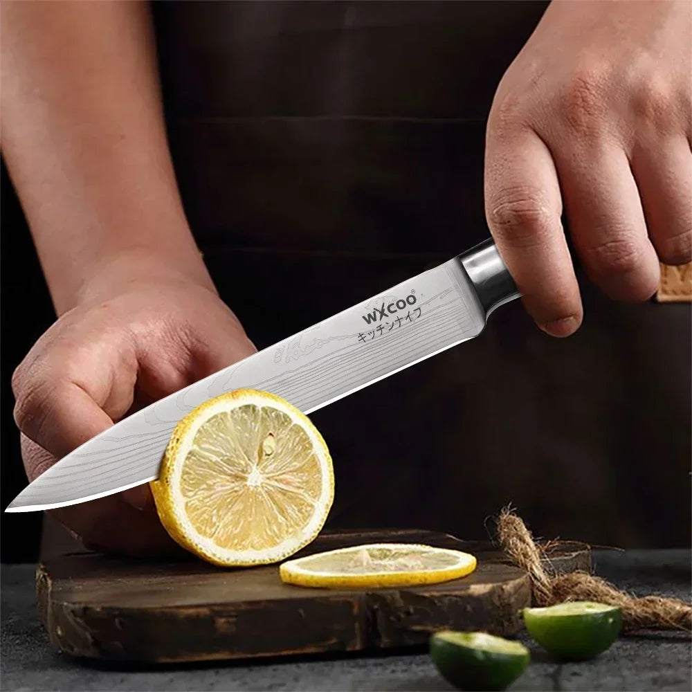 WXCOO Professional Chef Knife Damascus Japanese Stainless Steel Kitchen Boning Knives Set with Roll Canvas Bag