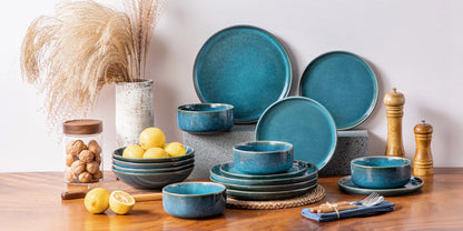 vancasso 16/32 Piece Reactive Glaze Ceramic Dinner Set Blue Tableware Set with 4/8pcs Dinner Plate/ Dessert/Soup/Bowl for 4
