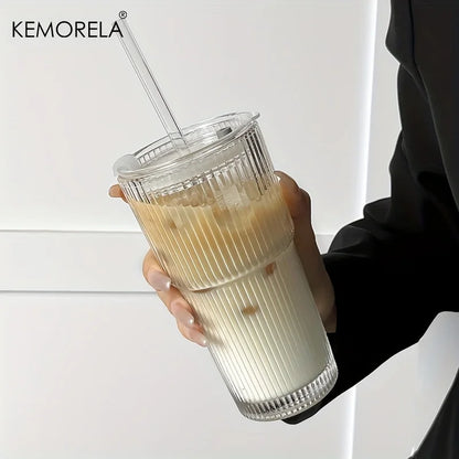 600ML Stripe Glass Coffee Cup With Lid and Without Cover Straw Transparent Drinking Glasses for Juice Iced Coffee Mugs Drinkware