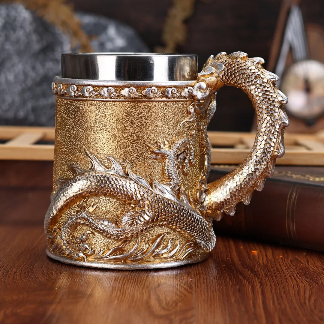 600ML Golden Copper Dragon Beer Resin Tankard 304 Stainless Steel  Medieval Tea Cup Coffee Beer Mug Copper Color New Party Bar
