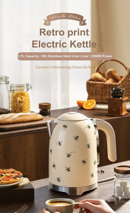 2200W Retro Print Electric Kettle Home 304 Stainless Steel Quick Boiling Kettle Auto Power Off Teapot Kitchen Tools 1.7L