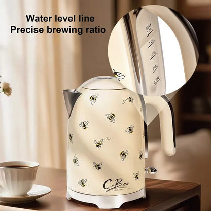 2200W Retro Print Electric Kettle Home 304 Stainless Steel Quick Boiling Kettle Auto Power Off Teapot Kitchen Tools 1.7L