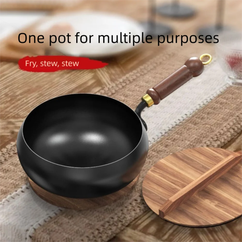 Healthy Hand Forging Cast Iron Pot NonStick Uncoated Frying Pan with Wooden Lid Chinese Wok Induction Cooker Gas