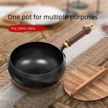 Healthy Hand Forging Cast Iron Pot NonStick Uncoated Frying Pan with Wooden Lid Chinese Wok Induction Cooker Gas