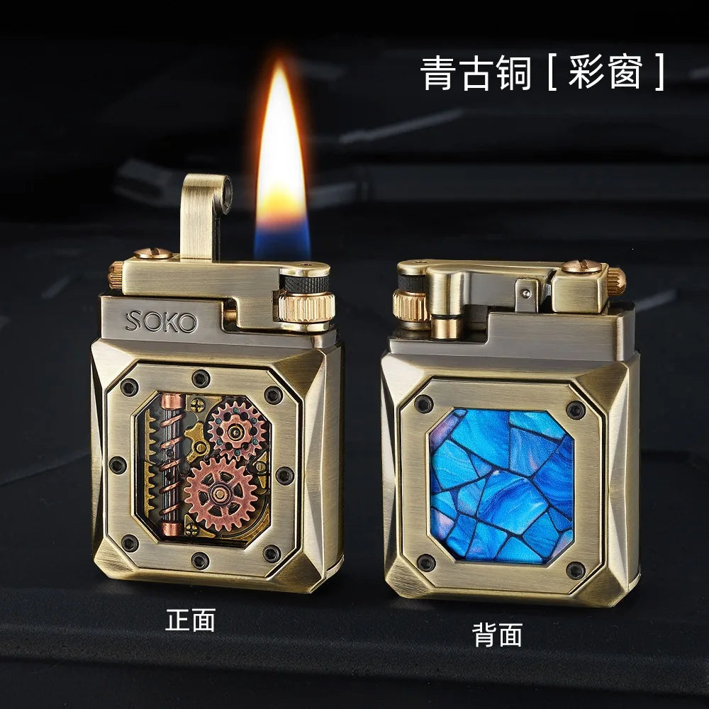 2026 Mechanical Style Press Open Cover Open Flame Kerosine Lighter Zinc Alloy Double sided Pattern Visual Oil Tank Lighters Gift