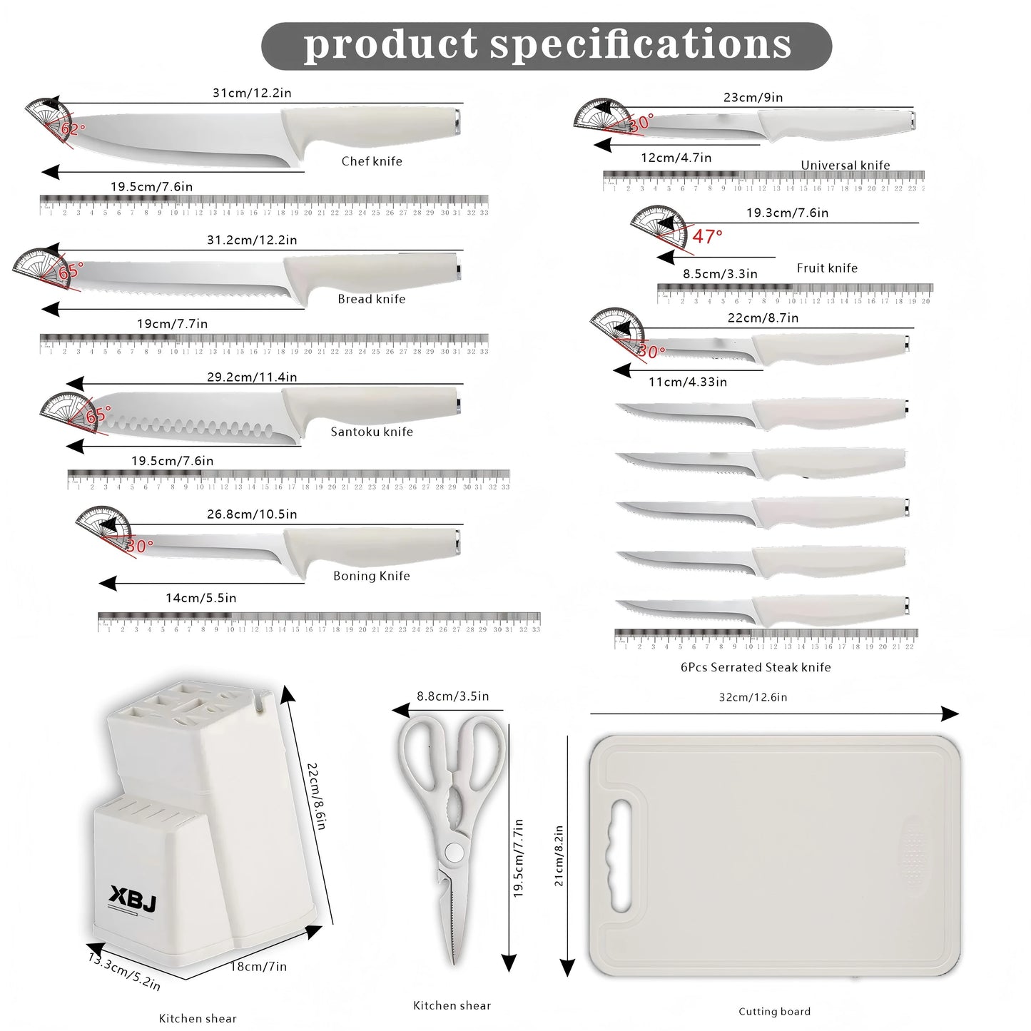 15 Pieces Kitchen Knife Set Stainless Steel Knife Slip Handle with Scissors Sharpener Cutting All-Round