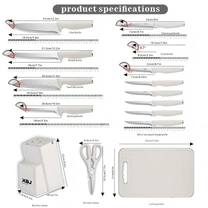 15 Pieces Kitchen Knife Set Stainless Steel Knife Slip Handle with Scissors Sharpener Cutting All-Round